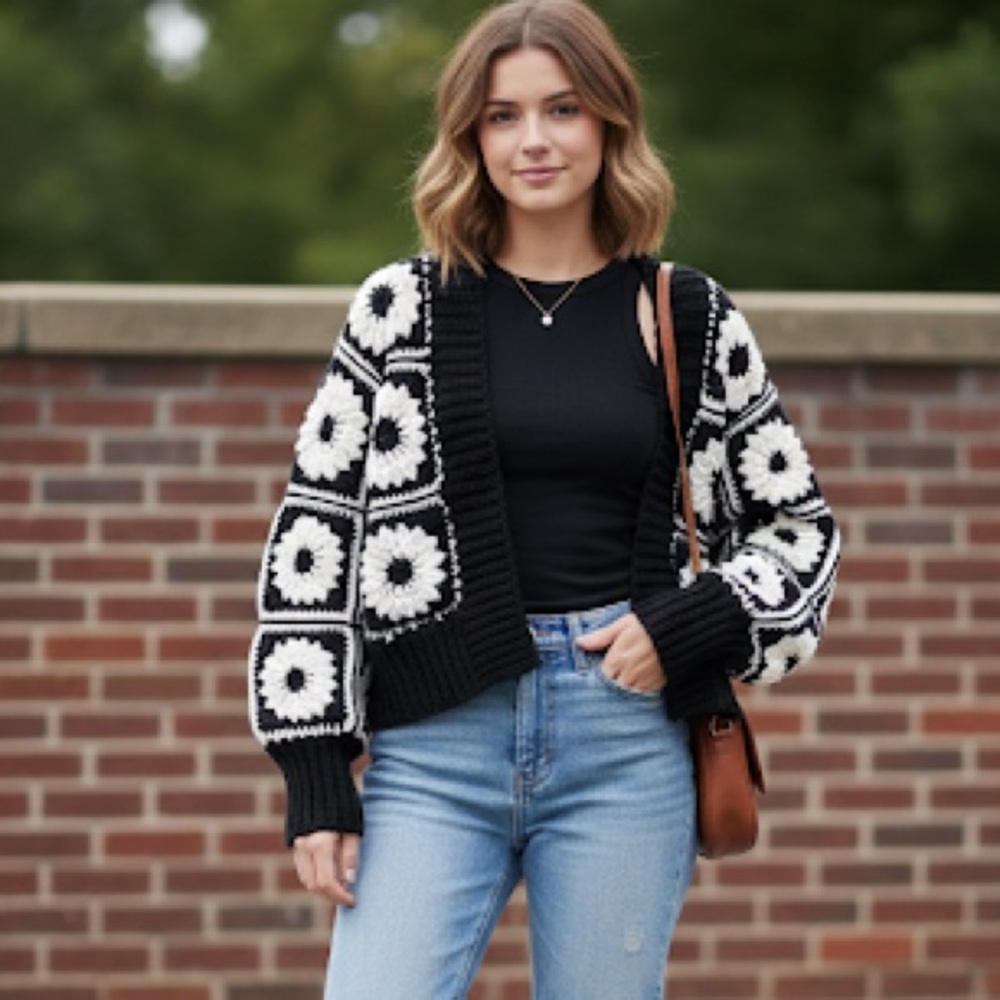 ✨HANDMADE Black and White Crochet Granny Square Floral Chunky Sweater Cardigan